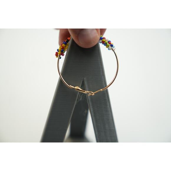 Handmade Colorful Seed Bead Hoop Earrings Boho Style 2" Diameter Lightweight - Picture 4 of 7